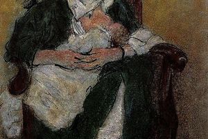 Minotaure et jument morte devant une grotte face  une fille au voile