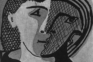 Te de femme en gris et rouge sur fond ocre