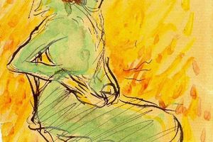 Femme en robe verte assise