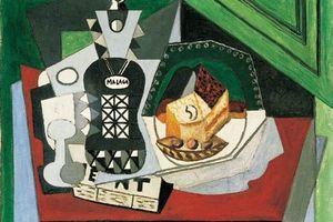 Guitare et compotier sur un guidon devant une fenre ouverte [Nature morte devant une fenre]