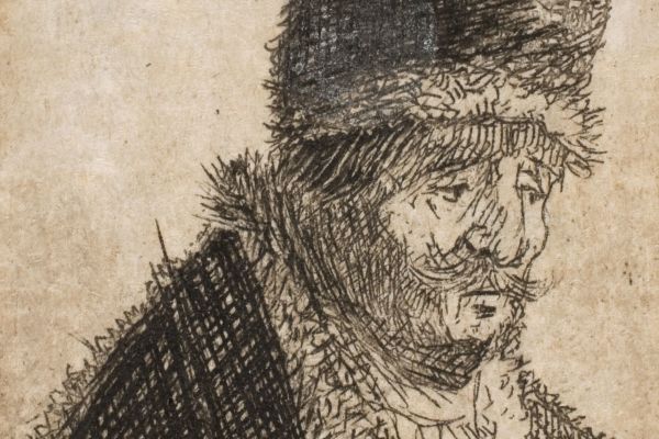 Old man in fur coat and high cap, bust 