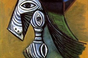 Femme assise sur un fauteuil avec un chapeau rouge et bleu sur fond rose - oiles jaunes