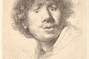 Rembrandt in a cap, open mouthed and staring; bust in outline 