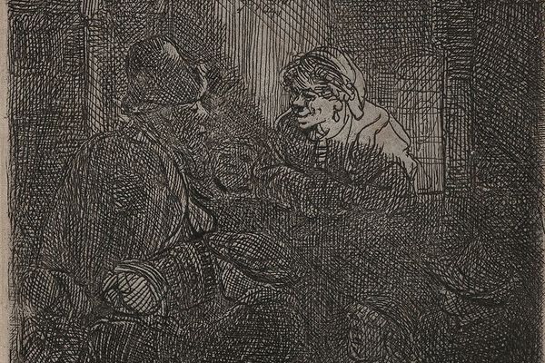 Woman at a hatch door talking to a man and children （the schoolmaster）