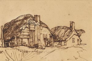 Two Thatched Cottages with Figures at a Window 