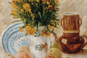 Vase with Flowers, Coffeepot and Fruit