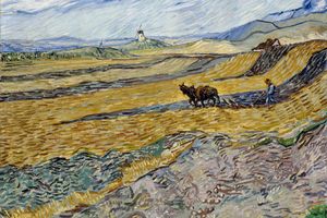 Champ avec laboureur et moulin