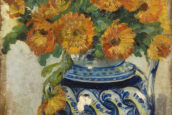 Still life of marigolds in a Westerwald jug