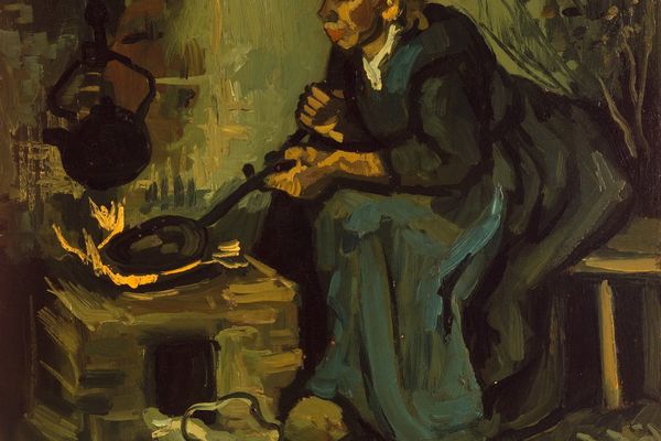 Peasant Woman Cooking by a Fireplace