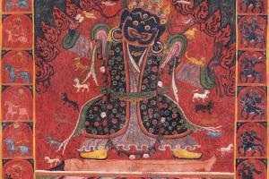 佛画 唐卡二臂黑袍持鼓护法西藏噶举派