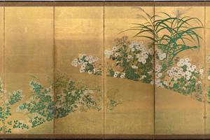 平安时代 秋草图屏风纸本金底