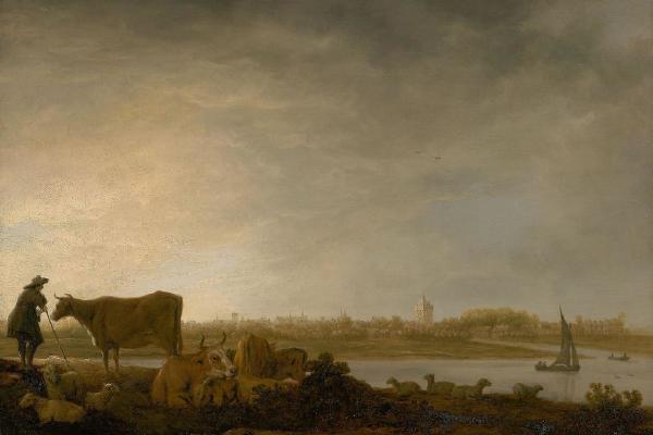 A View of Vianen with a Herdsman and Cattle by a River （维亚南和一个牧人和牛在河边的景色）
