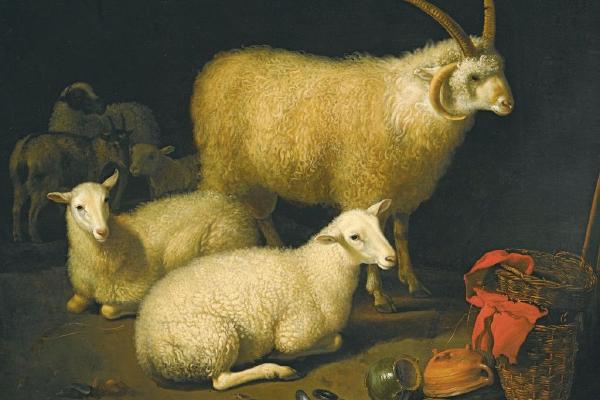 A barn?interior with?a four-horned ram and four ewes, and a goat, with a still life of a basket and upturned pots to the right（一个谷仓里面有一只四角公羊，四只母羊，一只山羊，还有一个篮子和右边倒过来的花盆）