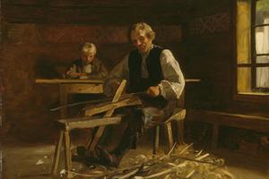 Interior from Vik?y with Farmer making Barrel Hoops （维克里从内部与农民制作桶箍）