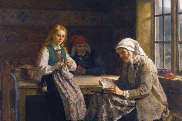 A Hardanger Interior, Young Girl Knitting （哈当厄尔室内，年轻女孩针织）