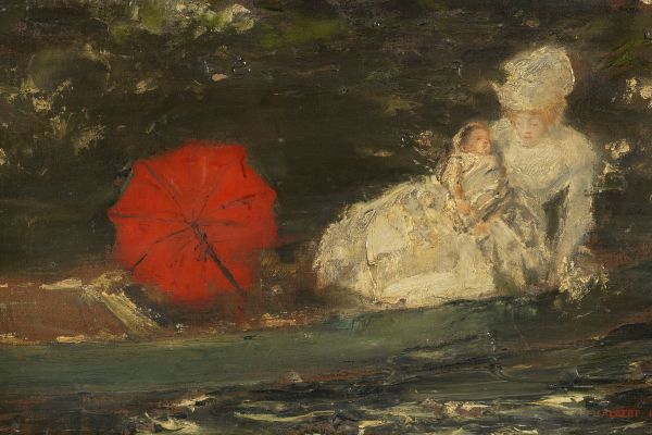 Frau und Kind im Freien mit rotem Parasol （户外带红色阳伞的妇女和儿童）