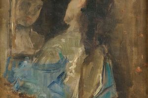 Girl in blue looking in a mirror（穿蓝衣服的女孩对着镜子）