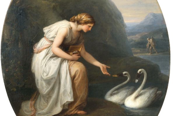 不朽女神，不朽的女神，收到两只天鹅的名牌(Immortalia, the nymph of immortality, receiving nameplates from two swans)