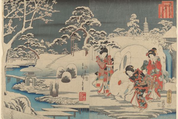 三个女人在花园里做雪兔（Three Women Making a Snow Rabbit in a Garden）