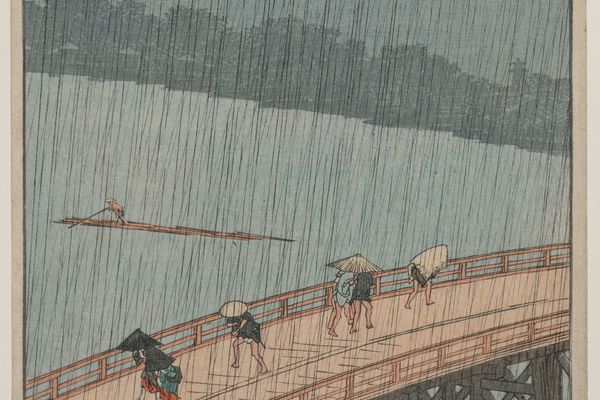 江户百景系列新大桥和阿竹的骤雨（Sudden Shower over Shin-ōhashi Bridge and Atake, from the series One Hundred Famous Views of Edo）