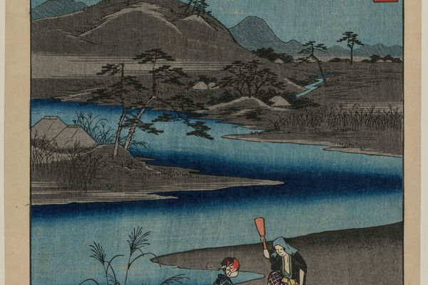 摄津布满珠江，出自诸省六珠江系列（Cloth Fulling Jewel River in Settsu, from the series Six Jewel Rivers of the Various Provinces）