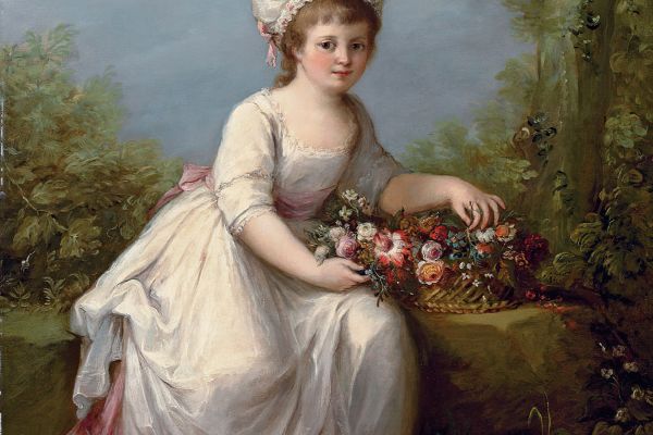 一个全长的年轻女孩的肖像，她身穿白色连衣裙，带着一篮花，在风景中(Portrait of a young girl, full-length, seated in a white dress with a basket of flowers, in a landscape)