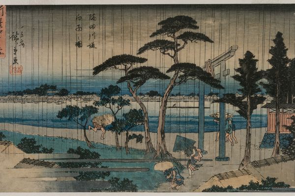 江户名胜新选系列隅田川堤岸上的小雨图片（Picture of Light Rain on the Embankment of the Sumida River, from the series A New Selection of Famous Places in Edo）