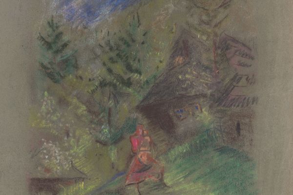 小屋前带着孩子的女人(Woman with a Child in front of Cottages )