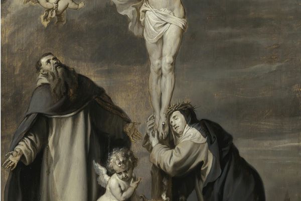 圣徒多米尼克和锡耶纳的凯瑟琳崇拜的被钉十字架的基督(The Crucified Christ Adored By Saints Dominic And Catherine Of Siena)