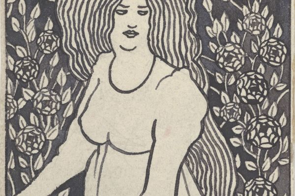 高大的蔷薇花丛前的长发女人(Long-haired Woman in Front of Tall Rosebushes )