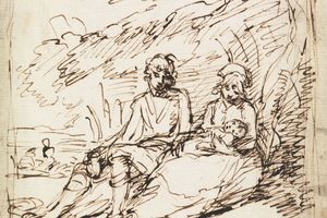 抱着婴儿的男人和女人，坐在岸上(Man and Woman Holding Baby, Seated on Bank)