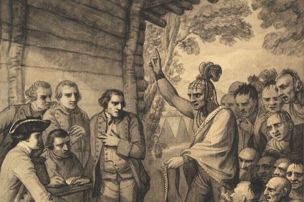 印第安人在美国马斯金古姆河岸营地附近的一次议会火灾中与布奎特上校交谈