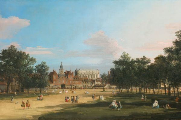 伦敦，从圣詹姆斯公园可以看到白厅的老马兵和宴会厅(London, A View Of The Old Horse Guards And Banqueting Hall, Whitehall Seen From St. James' Park)