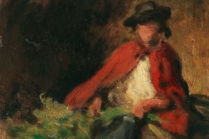 穿着红色斗篷的坐着的女孩，在她面前有一只野兔(Sitzendes Madchen mit rotem Umhang, einen Hasen vor sich )
