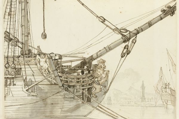 英国军舰和那不勒斯港的船首研究(Study of a Warship’s Prow with British Warships and Naples Harbor Beyond )