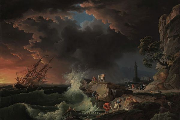 有人影上岸的海难(A shipwreck with figures coming ashore)