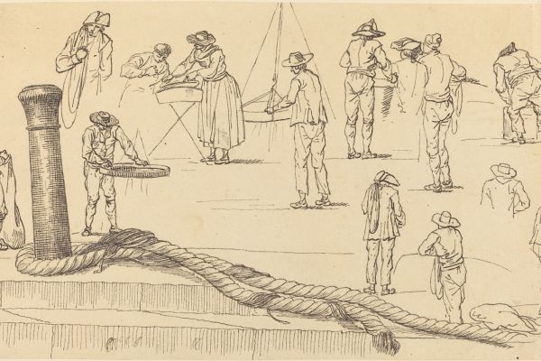 岸边图形和系在柱子上的绳索长度(Quayside Figures and a Length of Rope Attached to a Bollard)