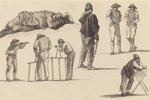 人物研究，包括一名男子睡在地上和两名男子锯木(Figure Studies, Including One Man Sleeping on the Ground and Two Men Sawing)