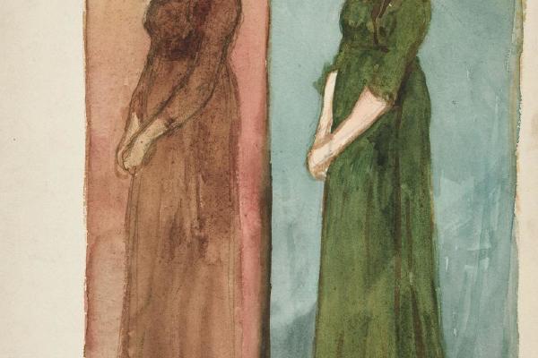 两个女人的素描(穿着红色和绿色的衣服)——为一出戏的服装研究