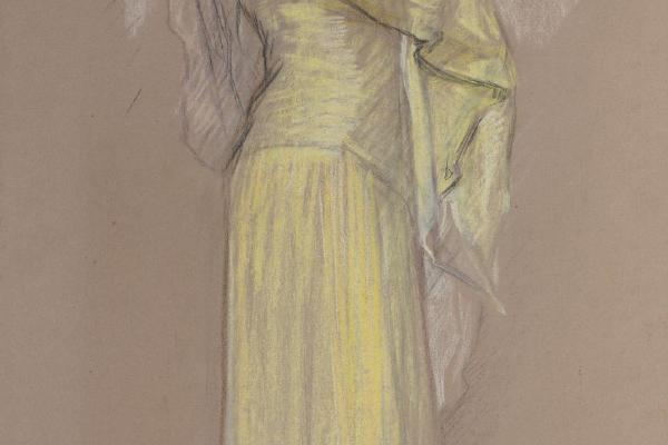 研究，妇女在黄色礼服与棕色面纱在脸上(Study, Woman in yellow dress with brown veil over face)