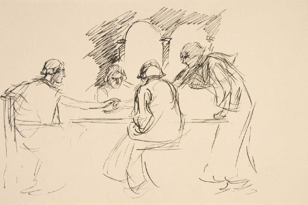 四个穿着中世纪服装的男人在桌子上的素描，不明插图，可能是为了《失去的爱》，《国王的困境》。