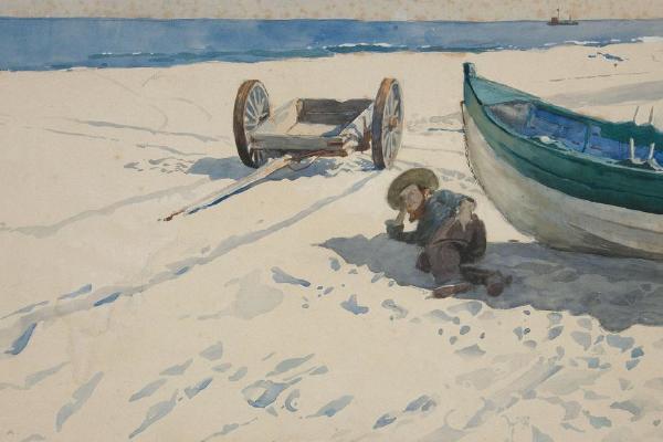 人在船影下休息的海滩场景(Beach scene with Man Resting in Shadow of Boat)