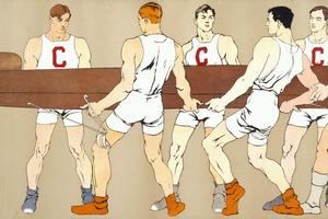 康奈尔大学船员队拿着一艘船；左边是队舵手(Cornell crew team holding a boat; on left is team coxswain )
