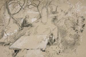 坐在花园或公园长凳上的女人(Woman seated on bench in a garden or public park )