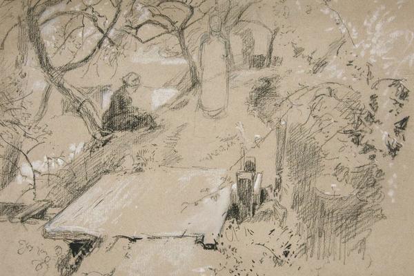 坐在花园或公园长凳上的女人(Woman seated on bench in a garden or public park )