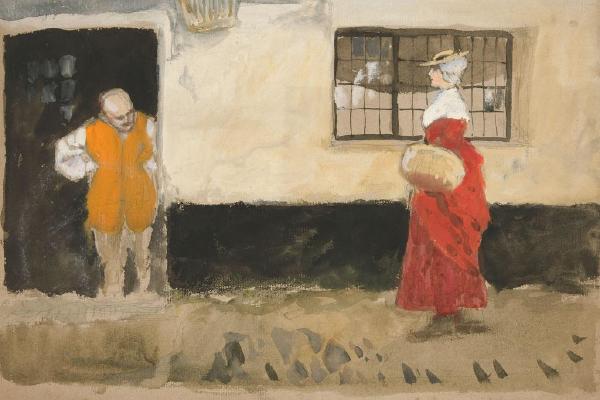 街景研究，门口的男人，穿红衣服的女人。(Study of street scene, man at door, woman in red dress.)