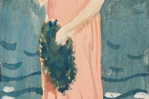 海滩上的不明女子插画，远处是船(Unidentified illustration of woman on a beach, ship in distance)