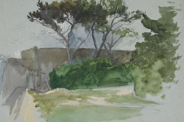 树木与石墙景观研究(Study of landscape with trees and stone wall)