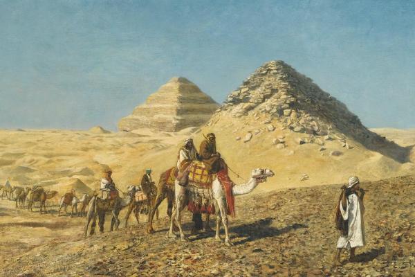 埃及金字塔中的骆驼车队(Camel Caravan Amid The Pyramids, Egypt)