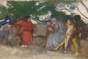 坐在户外长凳上的人物(Figures seated along an outdoor bench )